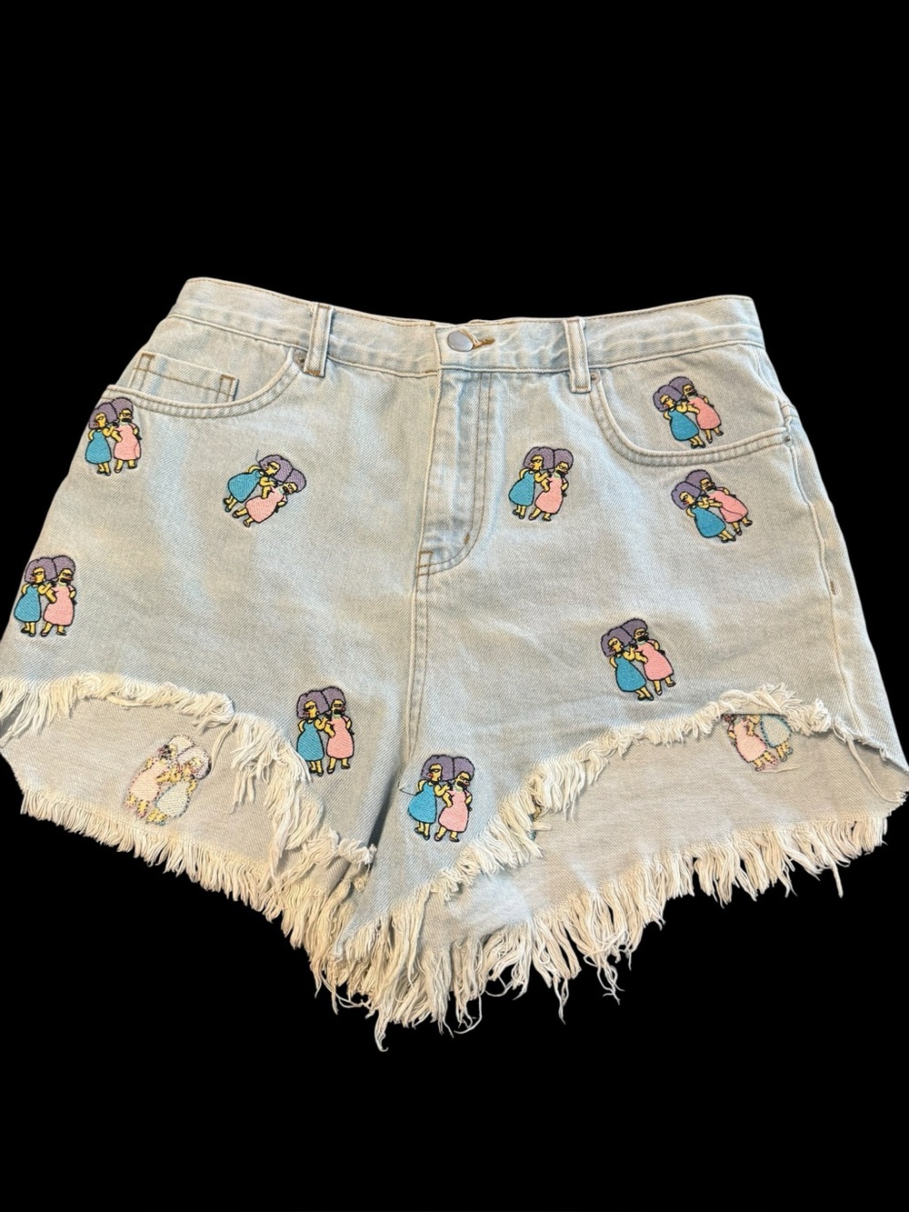 ASOS x The Simpsons embroidered light-wash denim shorts Selma and Patty Bouvier.